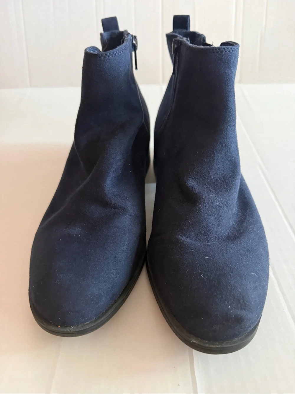 SO Navy Suede Ankle Booties with Elastic Gore